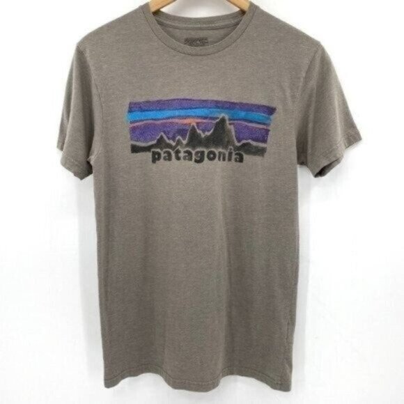 Patagonia Gray Green Mountain Short Sleeve Small Slim Fit Graphic Tee Shirt - Picture 1 of 7